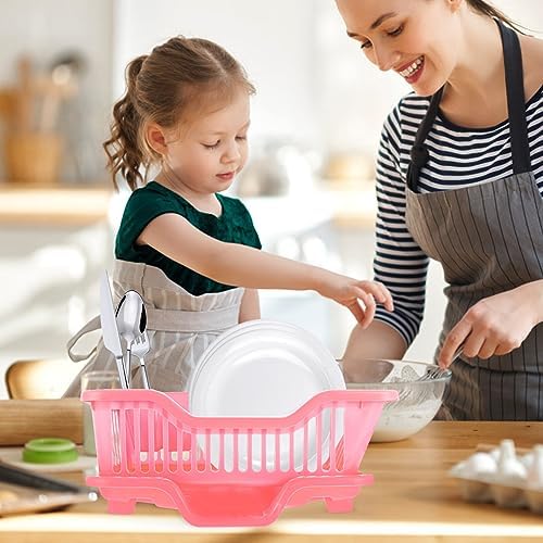 Cabilock 1 Set Kitchen Draining Rack Dish Drainer Basket Bowl Drying Holder Utensils Storage Shelf Space Saver Basket for Home Kitchen Bathroom Counter Pink - Image 4