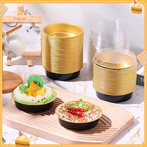 Yinder 200 Pcs 8oz Disposable Mini Pie Pans/tins with Lids Tart Pans, Small Cake Pan Round Containers Aluminum, 4 Inch Mini Cake Pan for Quiche Cheesecake Container Oven Bake Sale(Black and Gold) - Image 2
