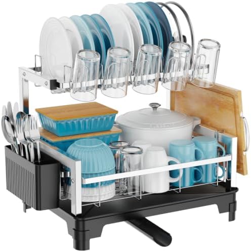 GSlife Stainless Steel Dish Drying Rack 2 Tier, Compact Dish Racks for Kitchen Counter with Cutting Board Holder, Auto-Drain Spout, Rust Proof Dish Drainer for Apartment, 21" L x 12.6" W, Silver by GSlife
