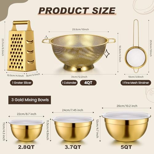 Baderke 6 Pcs Gold Kitchen Accessories Set Includes 3 Gold Mixing Bowls with Airtight Lids Stainless Steel Colander Grater Slicer and Fine Mesh Strainer(Mixing Bowls: 2.8/3.7/5 Qt, Colander: 4 Qt) - Image 2