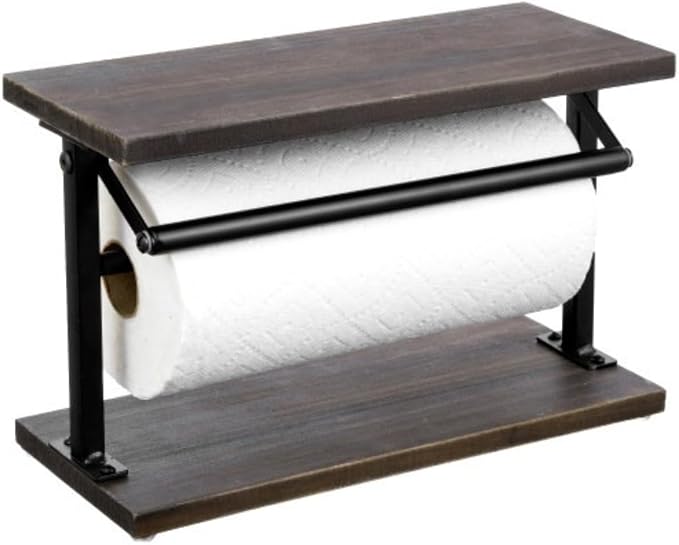 MyGift Kitchen Countertop Paper Towel Holder and Condiment Display Shelf Rack, Rustic Burnt Wood and Metal Towel Dispenser with Top Shelf for Bathroom or Kitchen by MyGiftHome