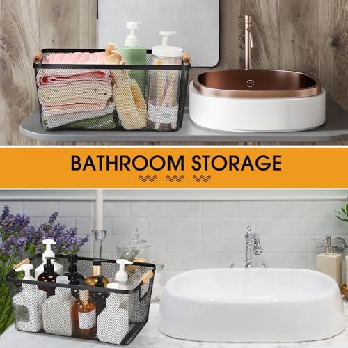 Ziliny 4 Pcs Mesh Wire Baskets for Organizing, Extra Large, Black | Metal Pantry Organizers with Wooden Handles, Storage Steel Bin, Kitchen Baskets for Fruit Potato Onion Snacks Bath Cabinet - Image 6
