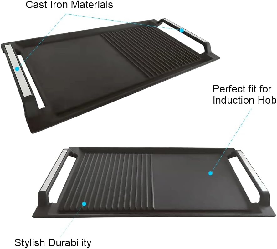 COVERCOOK Griddle Pan, Cast Iron Grill Hot Plate, Rectangular Grill, 2 handles with Flat and Ridged Surface for Induction Electric Cooktop，16.7 x 9.1inch