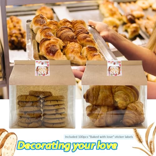 BIUBIU 100ct 8.7×4.3×11inch Thicker Large Bread Bags for Homemade with Window, Twist Tie & Sticker Label - Ideal for Sourdough Bread, Loaf, Bakery, Pastry & Baked Goods, Brown Paper & Flat Bottom - Image 5