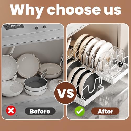 2 Pcs Pots and Pans Organizer Under Cabinet - Expandable Pull Out Cabinet Organizer for Pots and Pans, Pan and Lid Organizers Inside Cabinet, Adjustable Storage Rack, Carbon Steel (White) - Image 6