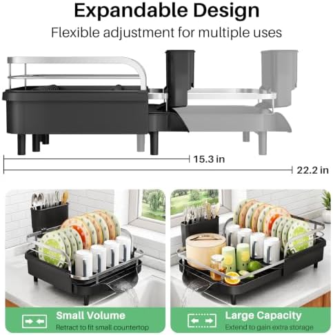 SAYZH Expandable Dish Drying Rack for Small Kitchen Counter, Black - Image 2