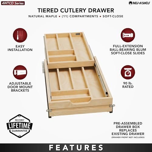 Rev-A-Shelf Maple Two-Tier Cutlery Replacement Drawer System w/ BLUM Soft-Close for Face Frame Base Kitchen Cabinets, Kitchen Drawer Organizer, Min Opening Width of 15", 4WTCD-18HSC-1 - Image 2