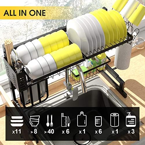 KINGRACK Over The Sink Dish Drying Rack, 2-Tier Dish Rack, Dish Drainer with Utensil Holder&Hooks, Kitchen Storage Organizer for Plates Bowls Pots, Black, for Sink Size < 24.8'' - Image 2