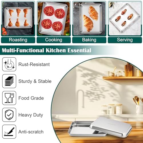 E-far Small Baking Sheet with Wire Rack (2 Pans + 2 Racks), Stainless Steel Cookie Sheets Trays & Cooling Rack for Toaster Oven, Non Toxic & Warp Resistant, Oven & Dishwasher Safe, 9.4 x 7.3 x 1 Inch - Image 4