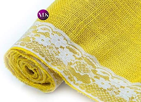 VDS Pack of 12, Burlap Table Runner with White Lace Edge, 100% Natural Jute Rustic Hessian Table Cloth Centerpiece for Wedding Birthday Party Banquet Table Decoration (Size 12X108 Inch)(Yellow) - Image 5