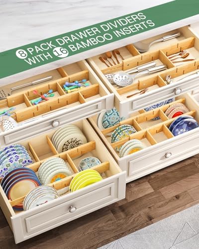 kiplant Kitchen Drawer Dividers - Adjustable Drawer Organizer for Clothes, Kitchen, Closet & Office - 8 Pack with Inserts, 18-22.6 Inches, Non-Slip Silicone Ends - Image 5