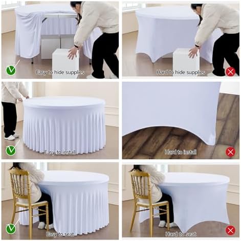 Outpain 4 Pack White Spandex Tablecloth for 72in/6FT Round Tables, Wrinkle Free Tablecloth with Skirt for Wedding, Graduation & Banquet - Image 5
