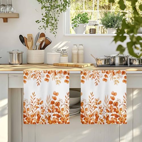 Orange Eucalyptus Kitchen Towels Set of 3, Absorbent Dish Towels for Kitchen, Botanical Summer Leaves Country Floral Microfiber Hand Towel, Quick Drying Tea Towel for Cleaning Decorative Dishcloths - Image 4