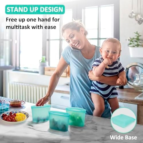Reusable Snack Bags, 4 Pack, Stand Up 100% Silicone Reusable Storage Bag, Ziplock Silicone Food Storage Containers Snack Size, Freezer Microwave Oven Dishwasher Safe, Aqua, 16oz - Image 4