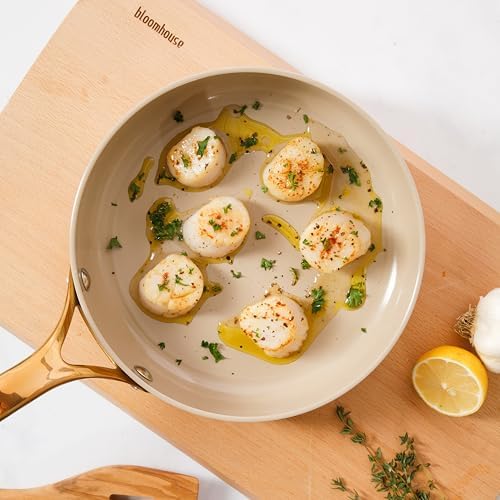 Bloomhouse - Two Time Oprah's Favorite Things Winner - 8 Inch Heavy Duty Aluminum Premium PFA Free Ceramic Nonstick Saute/Deep Frying Pan Skillet - Almond Cream w/Gold Handle - Image 3