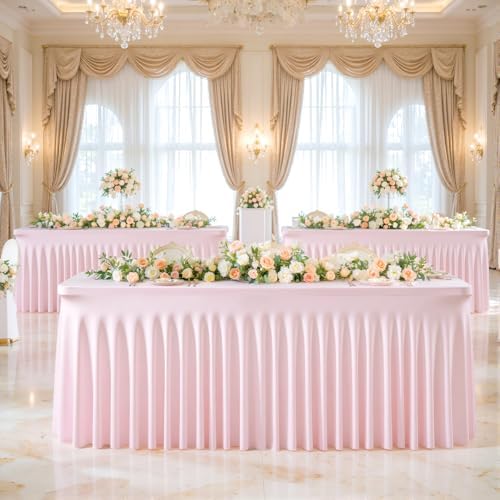 Besutolife 4 Pack Pink Spandex Tablecloth for 8ft Rectangle Tables Fitted Table Cloth Stretch Table Covers Skirt 8ft Rectangular Tablecloths for Banquet Parties Wedding Decorations - Image 5