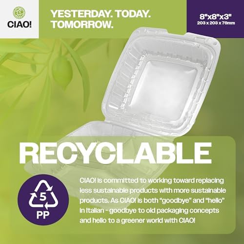 CIAO! 8"x8"x3" 3 Compartment PP Plastic Clear Hinged Container for Take Out (Case of 200) - Image 3