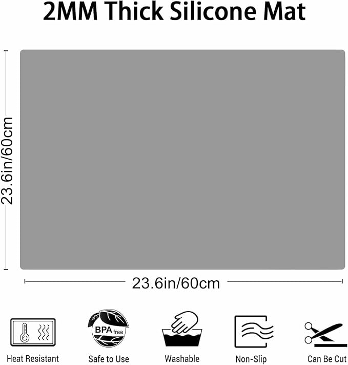 2MM Thick Silicone Countertop Mat, 23.6"x 23.6" Silicone Mats for Kitchen Counter, Nonslip Heat Resistant Mat, Large Kitchen Counter Mats, Waterproof Countertop Protector Light Gray - Image 2