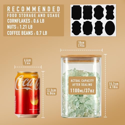 D2scrma 37oz Airtight Glass Square Storage Canister with Bamboo Lid Set of 4 (1100ml) Container Stackable Jar, Kitchen Canister for Pantry Noodles, Flour and Coffee beans (‎with Black Lable) - Image 2