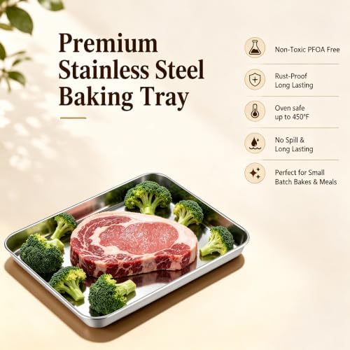 Stainless Steel Baking Sheet, 10.4" x 8" Cookie Sheet Pan, 1-Pack | Small Toaster Oven Tray for Baking, Healthy & Non-Toxic, Easy Clean & Dishwasher Safe - Image 2