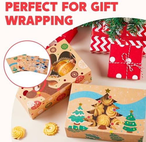 JOYIN 36PCS Christmas Cookie Boxes for Gift Giving, 8.5" x 5.75" x 2.75" Xmas Holiday Treat Cookie Tin with Window, 3 Designs Brown Foiled Kraft Bakery Boxes for Pastries, Cupcakes, Brownies, Doughnut - Image 4