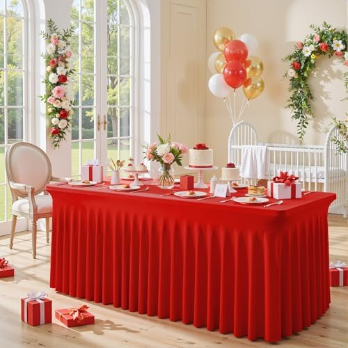 2 Pack Red Spandex Tablecloths for Rectangle Tables 8 Foot Red Stretch Table Cloth Rectangle 8ft Elastic Fitted Table Cover Fabric with Skirt for Wedding Graduation Birthday Party Banquet Buffet - Image 3