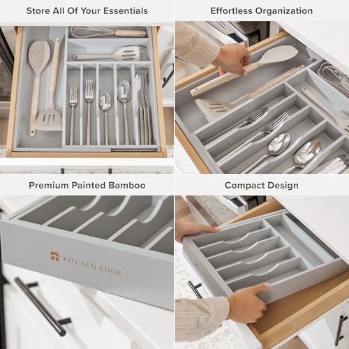 KitchenEdge Silverware & Utensil Drawer Organizer, 10.5-19 in, Gray Bamboo | Cutlery, flatware, food-safe contract grade, kitchen drawer fit - Image 3