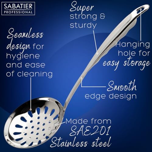 Sabatier Professional Large Metal Skimmer - Mirror Polished Stainless Steel Cooking Spoon for Draining Frying Oil, Serving Boiled Veg Or Pasta. Strong Construction. 5 Year Guarantee, Dishwasher Safe - Image 3
