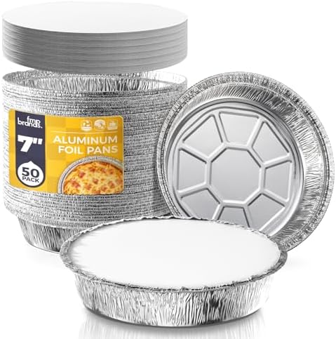 Fit Meal Prep 50 Pack 7” Round Aluminum Foil Pans with Lids, Pie Tins Disposable 7 inch with Lids, Take Out Containers, Freezer Oven Safe Aluminum Baking Pans for Storing, Cooking, Storage, Reheating by FMPBRANDS
