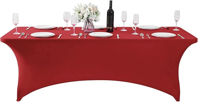 MDS® Pack of 5 Spandex Tablecloth 8FT Tight Fitted Stretch Table Cover – Washable Wrinkle-Free Reusable Elastic Patio Tablecloth for Wedding, Party, Banquet, Trade Show, Event Décor - Apple Red - Image 2
