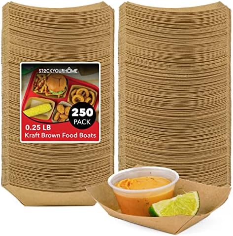 [250 Pack] Mini Disposable Brown Kraft Paper Food Trays, 0.25-Lb Concession Tray, Serving Boats for Party Snacks, Taco Bar, Seafood, Nachos Plates, Quarter-Pound by StockYourHome