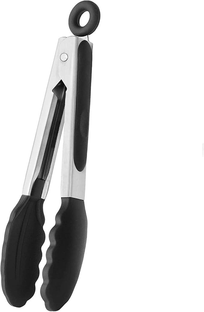 BANSHAN Kitchen Tongs Set of “9” Premium Stainless Steel Cooking Tongs Non Stick and Heat Resistant Handle, Silicone Tongs for Cooking Serving Frying and Cooking-Black (27cm) by BANSHAN