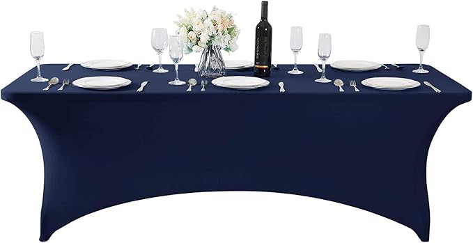 MDS® Pack of 12 Spandex Tablecloth 8FT Tight Fitted Stretch Table Cover – Washable Wrinkle-Free Reusable Elastic Patio Tablecloth for Wedding, Party, Banquet, Trade Show, Event Décor - Navy Blue - Image 2
