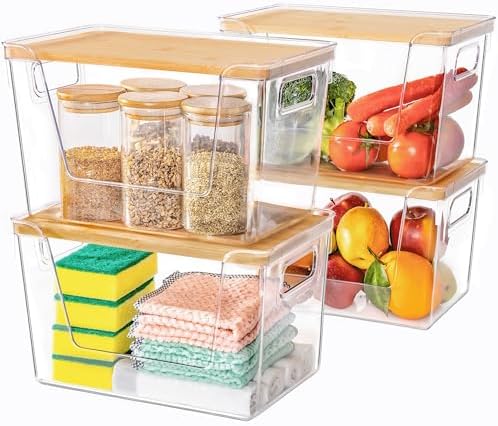 Criusia 4 Set Pantry Organizers and Storage with Bamboo Lids, Stackable Clear Bins for Onion, Potato, Fruit, Vegetables, Trash Bag Dispenser, Kitchen and Under Sink Organizer by Criusia
