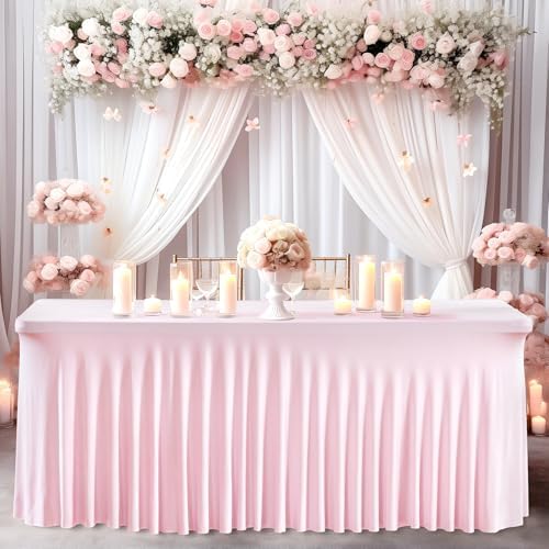 Wish Care 6 Pack Pink Spandex Table Clothes for 4 Foot Rectangle Tables, 4FT Wrinkle Free Fitted Tablecloths Ruffles Design Table Cover for Party, Banquet, Wedding and Events - Image 4