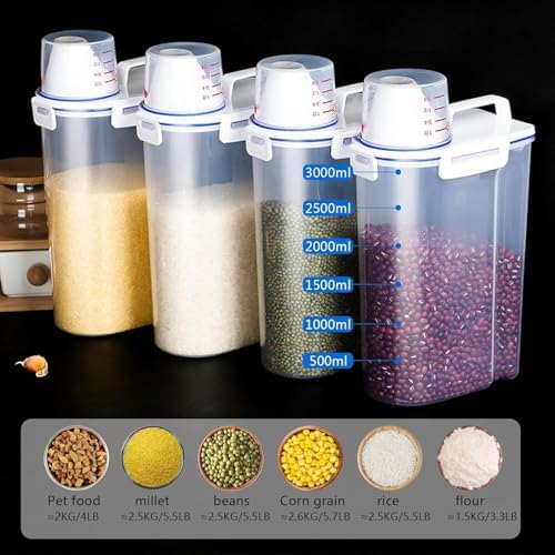 5.5 Lbs Rice Airtight Dry Food Storage Container Set of 4, Rice Storage Bin Cereal Containers Dispenser, Thicken Plastic Clear Food Storage Box with Pouring Spout, Measring Cup for Grain, Flour Snacks | BPA Free, Airtight Lid, with Pouring Spout, Clear... - Image 6