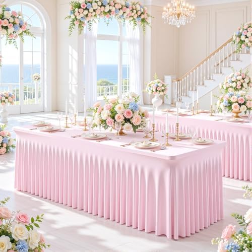 6 Pack Pink Table Cloth for 6 Foot Rectangle Tables Spandex Fitted Tablecloth 6ft Stretch Table Covers Skirt Pink Banquet Tablecloths Wrinkle Free Tablecloth for Party Wedding Birthday Event - Image 3