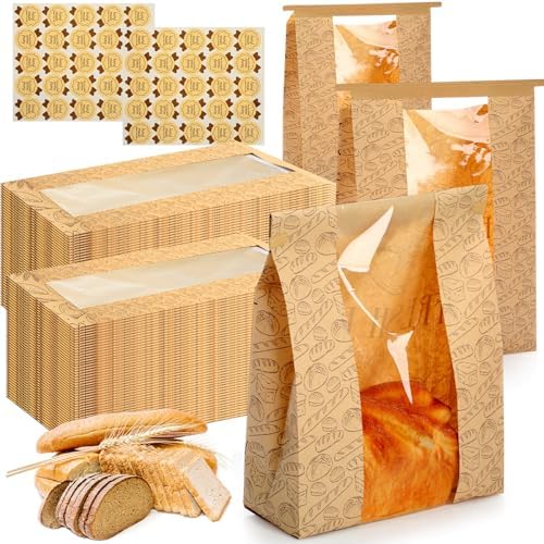 Feifeiya 200 Pack Kraft Paper Bread Bags for Homemade Sourdough Bread Bag with Clear Window 13.7 x 8.2 x 3.5 Large Bakery Packaging for Treat Storage Gift Giving with Seal Sticker by Feifeiya