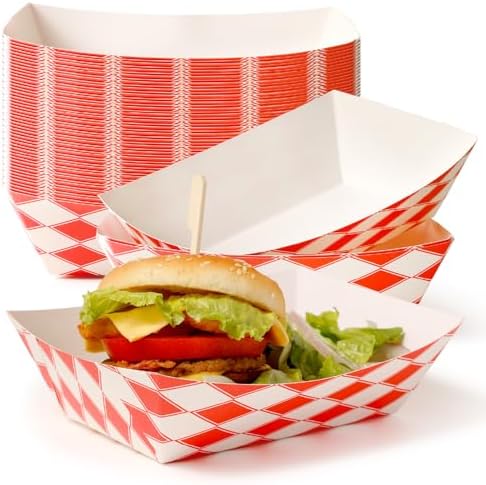 Fit Meal Prep 500 Pack 3 lb Paper Food Boats Heavy Duty Disposable Trays, Red Check For Parties Fairs Picnics Carnivals, Holds Ketchup Cheese Sauce Pickles Grease Resistant by FMPBRANDS