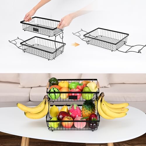 Fruit Basket Bowl 2 Tier Detachable with 2 Banana Hangers, Fruit Stand Holder for Kitchen Countertop, Metal Wire Vegetable Storage Organizer, for Bread Snack Veggies Produce, Black - Image 3