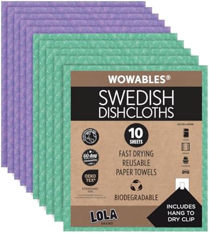 LOLA Swedish Dishcloths for Kitchen 10 Sheets, Biodegradable & Compostable Reusable Paper Towel Cleaning Cloths No Odor Washing Dishes Ultra Absorbent Cellulose Sponge Towel Made in Germany by LolaProducts