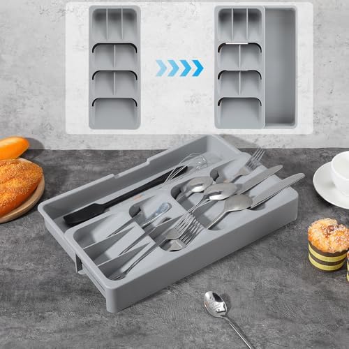 2 Pcs Silverware Drawer Organizer with Expandable Tray for Kitchen Drawer, Adjustable Compact Plastic Kitchen Utensil Storage for Spoons Forks Knives Easy to Access & Save Space - Image 3
