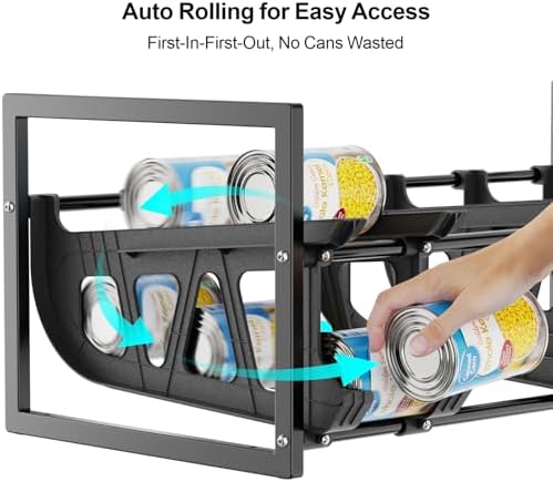 iSPECLE Can Storage Organizer Pantry - Auto-Rolling Expandable Hold 80 Cans | Stackable For Walk-in Deep Pantry Shelf, Adjustable Width for Food Cans, Sturdy Metal Frame, Easy Access & Restocking, Black - Image 4