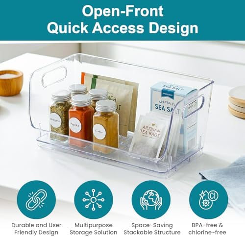 Basicwise 12-Inch Open-Front Clear Storage Bin with Easy-Grip Handle Stackable Transparent Plastic Organizer Container for Pantry Cabinet Refrigerator Drawers Closets and Shelf Organization, Large - Image 4