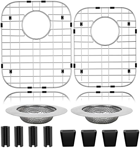 2Pack 304 Stainless Steel Sink Protector for Double Kitchen Sink Rear Drain,(13"x16"& 11"x 8.6") Metal Sink Grid SinkGrate Sink Rack for Bottom of KitchenSink w/SinkStrainers Rubber feet by ARLBA