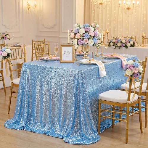 Sparkly Sequin Tablecloth Baby Blue 50x80 Inches Rectangle Overlay Fabric by QueenDream