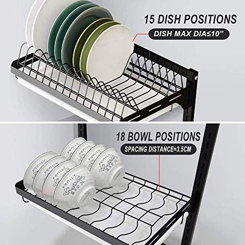 junyuan Hanging Dish Drying Rack Wall Mount,Dish Racks Drainer,3 Tier Kitchen Plate Organizer Storage Shelf with Drain Tray with 3 Hooks,Stainless Steel Black Large Ajustable Height - Image 4