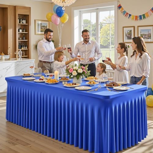Wish Care 2 Pack Royal Blue Spandex Table Clothes for 4 Foot Rectangle Tables, 4FT Wrinkle Free Fitted Tablecloths Ruffles Design Table Cloth for Party, Banquet, Wedding and Events - Image 6