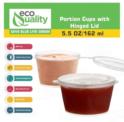 EcoQuality 5.5 Oz Leak Proof Portion Cups with Lids - Plastic Condiment Souffle Containers with Attached Hinged Lid - Perfect for Sauce, Sample, Slime, Jello Shot with Lids, Food Storage (900) - Image 3