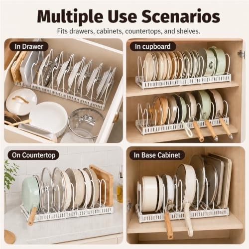 Pots and Pans Organizer Rack,Expandable Pot Lid Holder for Kitchen Cabinet | 11.81''-22.85'' Metal Rack with 12 Adjustable Dividers,Multifunctional Organizer for Cookware Bakeware Cutting Board Storage - Image 6